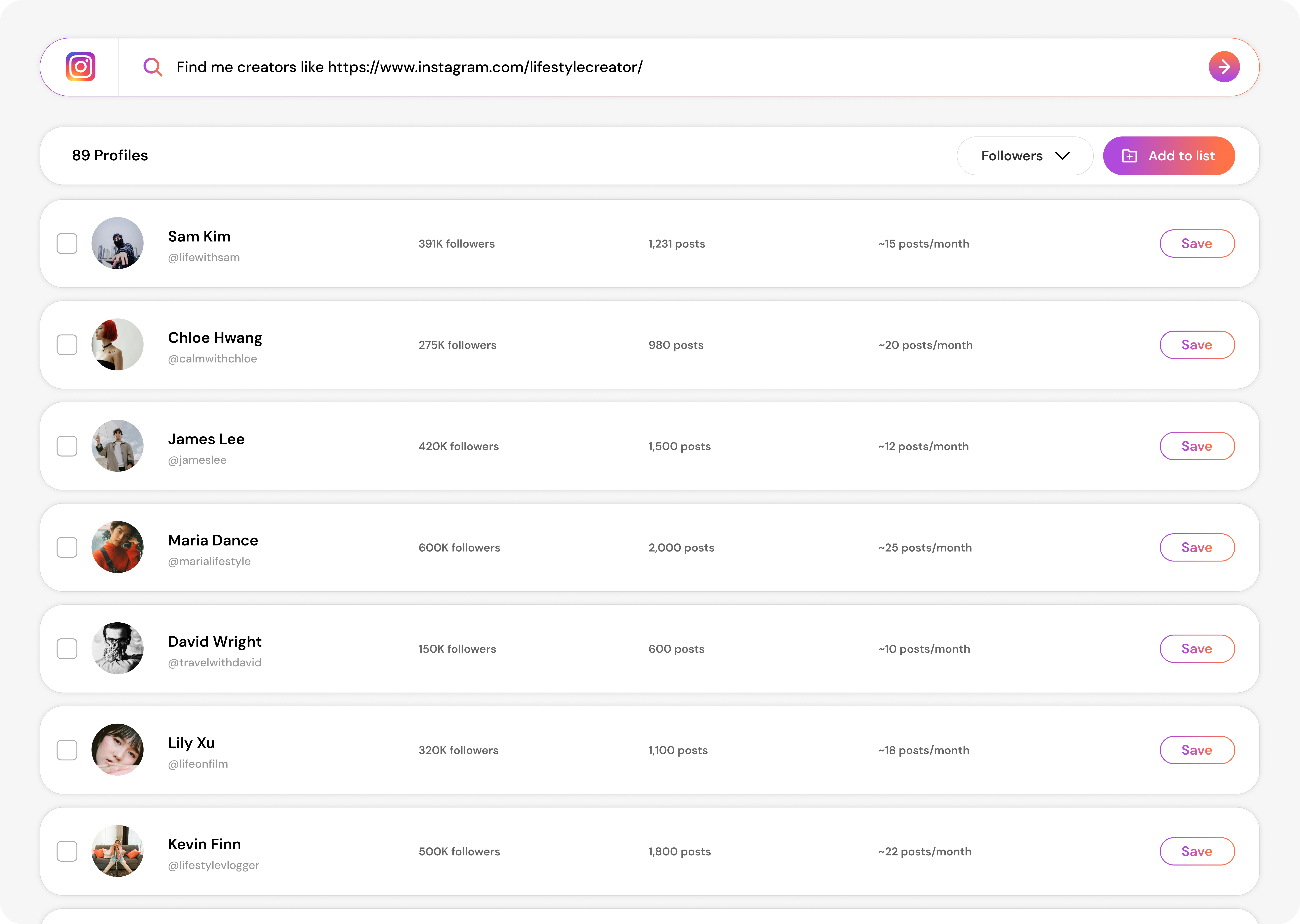 Cheerful creator search interface showing influencer discovery results with profile details, follower counts, and save options
