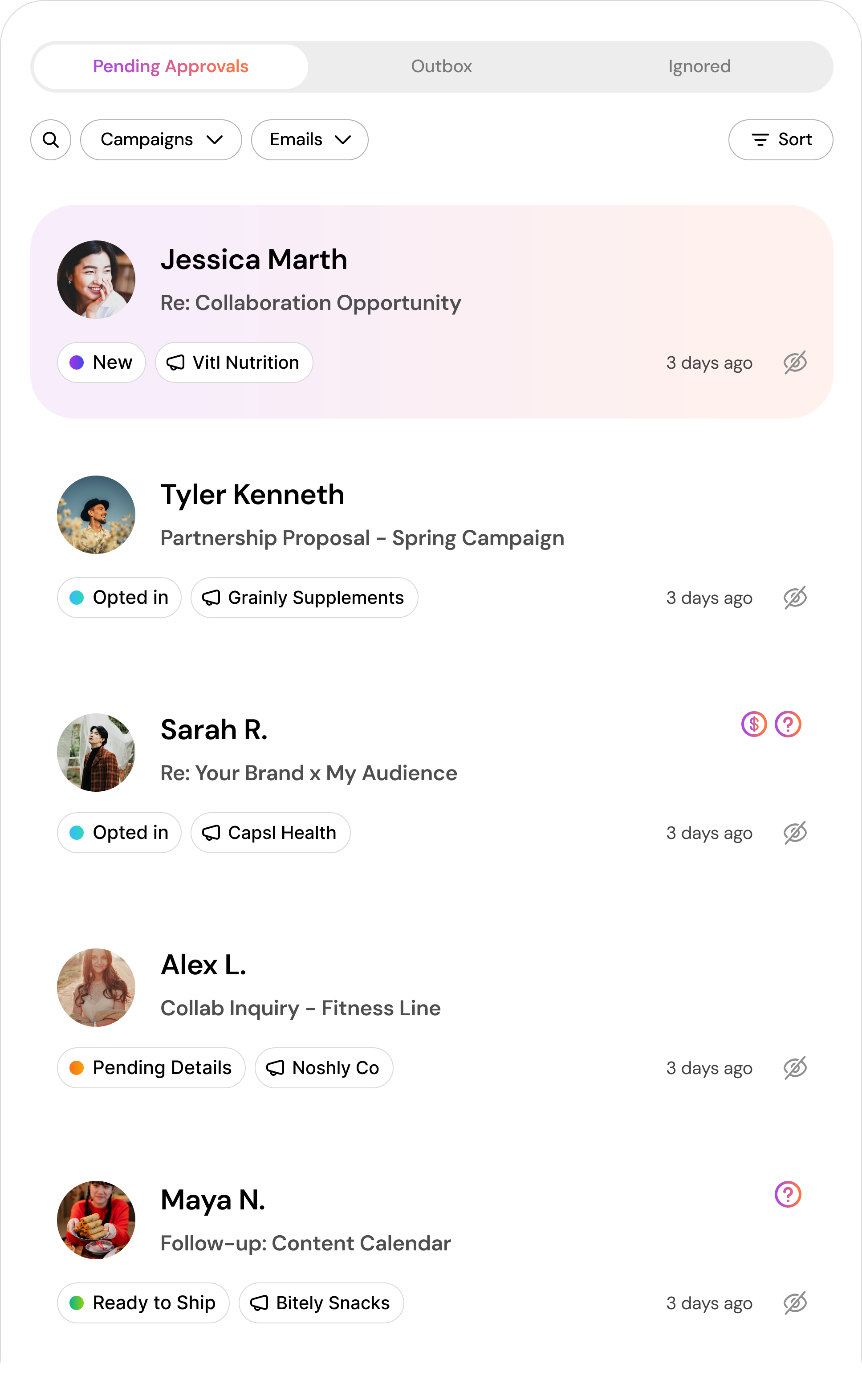 Cheerful unified inbox showing creator outreach conversations with status tags, campaign labels, and approval workflows
